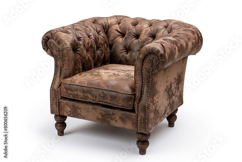 A club chair with a button-tufted backrest and rolled arms, showcasing classic elegance, isolated on a solid white background. photo