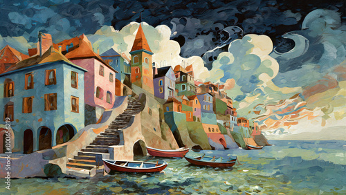 Illustration of the small fishing village, Italy