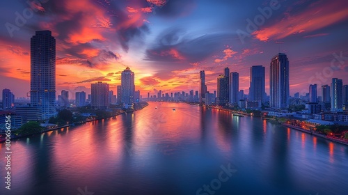 Bangkok skyline at sunset, Chao Phraya River reflections © mogamju