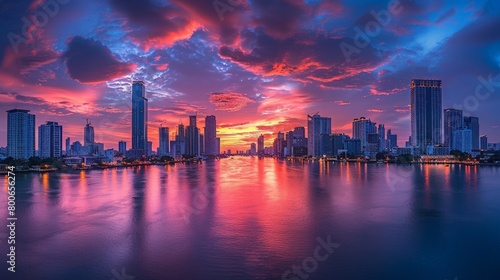 Bangkok skyline at sunset  Chao Phraya River reflections