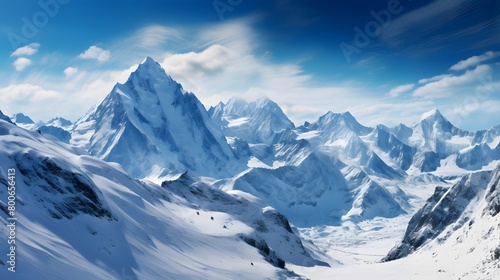 Panoramic view of the snowy mountains. Caucasus, Russia. © I