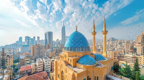 Beirut skyline with Mediterranean backdrop, diverse architectural styles photo