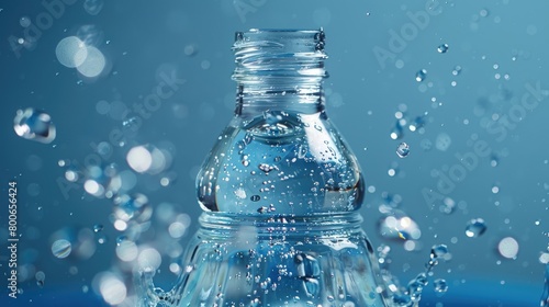 A close up of a bottle of water with bubbles. Suitable for hydration and refreshment concepts