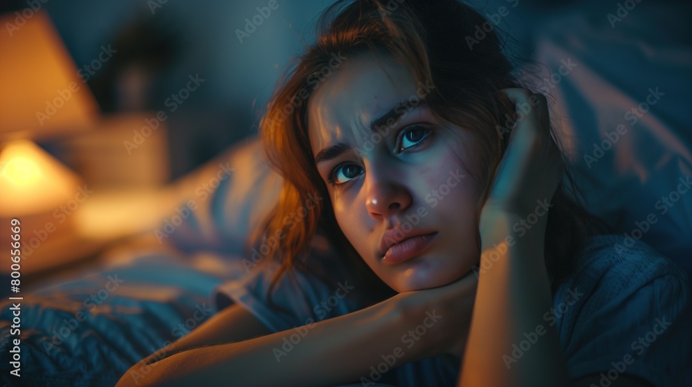 Portrait of a Distressed Young Woman Awake in the Night, Emotional Stress Portrait of a Distressed Young Woman Awake in the Night, Emotional Stress