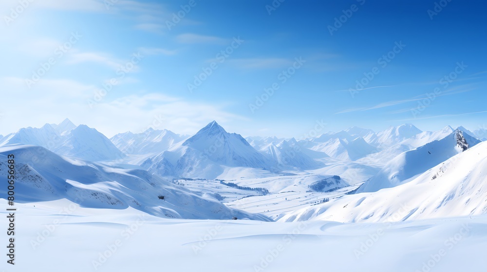 Panorama of snow-capped mountains and blue sky in winter