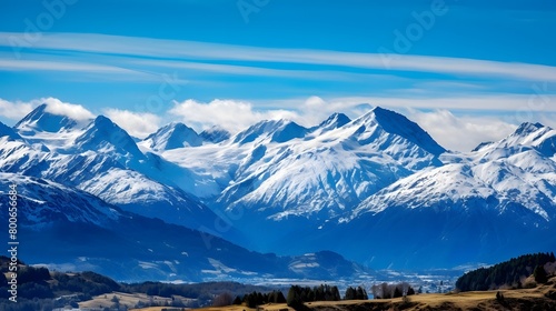 Panoramic view of snow capped mountain range in New Zealand.