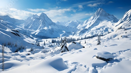 Snowy mountains panoramic view with clear blue sky and white clouds