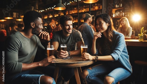 Group of multicultural friends sharing a laugh over pints of beer at a cozy pub. photo