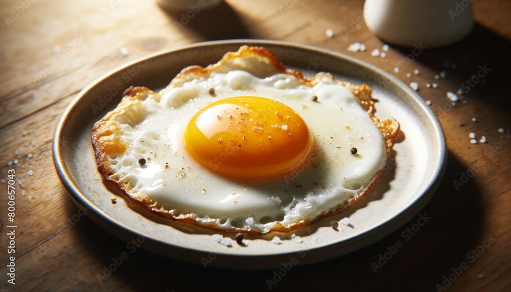 Gourmet breakfast with a perfectly cooked sunny side up egg on a rustic plate, seasoned with pepper. Gourmet breakfast with a perfectly cooked sunny side up egg on a rustic plate, seasoned with pepper.