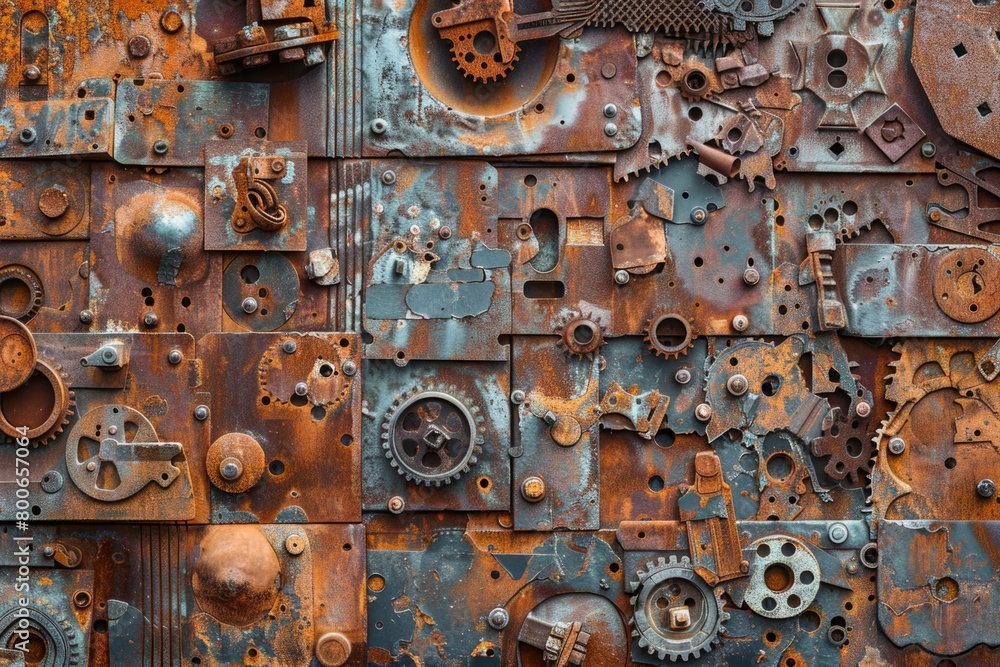 Rusty gears and wheels displayed on a wall, perfect for industrial designs