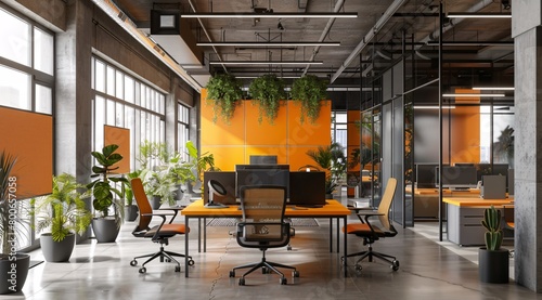 A modern office interior with flipcharts and post its and plants. Ideal for online meeting background