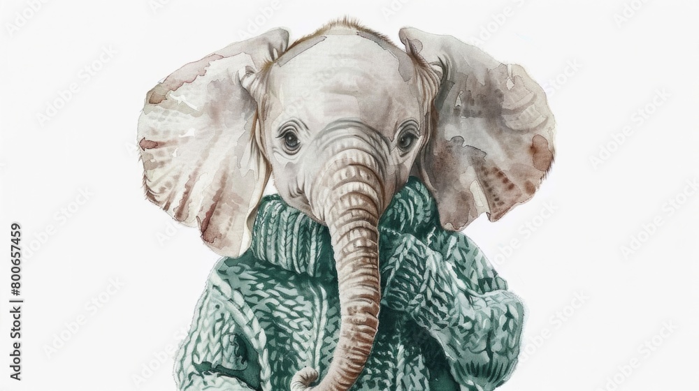Obraz premium A painting of an elephant wearing a cozy sweater, perfect for animal lovers and art enthusiasts