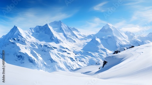 Winter mountains panorama with snow covered peaks and blue sky with clouds