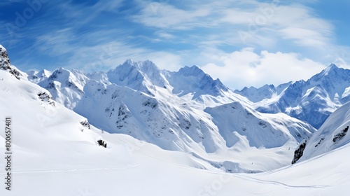 Panoramic view of snow covered mountains in the Swiss Alps. © I