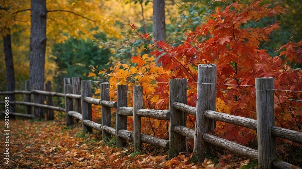 Rustic wooden fence winds its way through vibrant autumnal scene. Fence, constructed from weathered logs, stands as charming barrier. Rustic wooden fence winds its way through vibrant autumnal scene. Fence, constructed from weathered logs, stands as charming barrier.