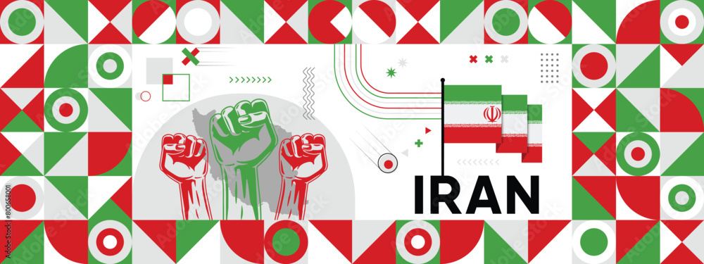 Flag and map of Iran with raised fists. National day or Independence day design for Counrty celebration. Modern retro design with abstract icons. Vector illustration.