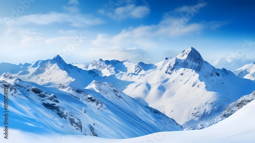 Panoramic view of snowy mountains and blue sky. Caucasus, Russia