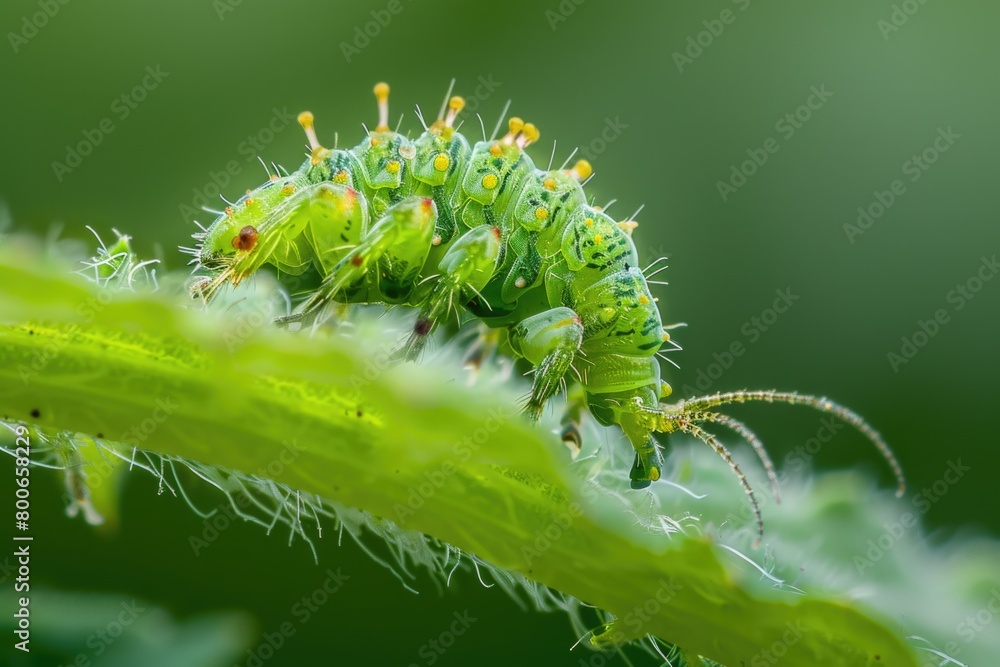 Naklejka premium Close up of a caterpillar on a green plant. Suitable for educational materials or nature-themed designs