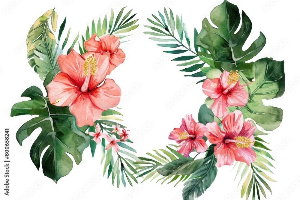 A beautiful wreath made of tropical leaves and flowers. Perfect for summer-themed designs A beautiful wreath made of tropical leaves and flowers. Perfect for summer-themed designs