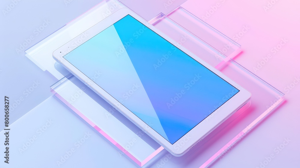 portable screen device sitting on a big translucent acrylic platform with semi-transparent pink and blue gradients portable screen device sitting on a big translucent acrylic platform with semi-transparent pink and blue gradients