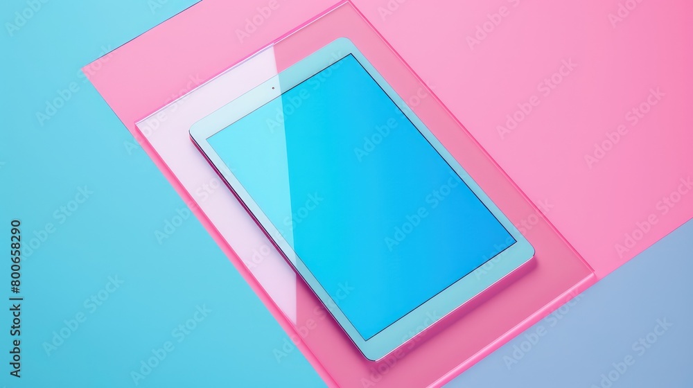 portable screen device sitting on a big translucent acrylic platform with semi-transparent pink and blue gradients portable screen device sitting on a big translucent acrylic platform with semi-transparent pink and blue gradients