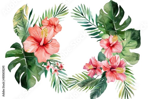 A beautiful wreath made of tropical leaves and flowers. Perfect for summer-themed designs