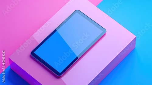 portable screen device sitting on a big translucent acrylic platform with semi-transparent pink and blue gradients