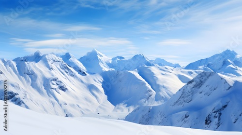 Panoramic view of the mountains in winter. Snow-capped peaks. © I