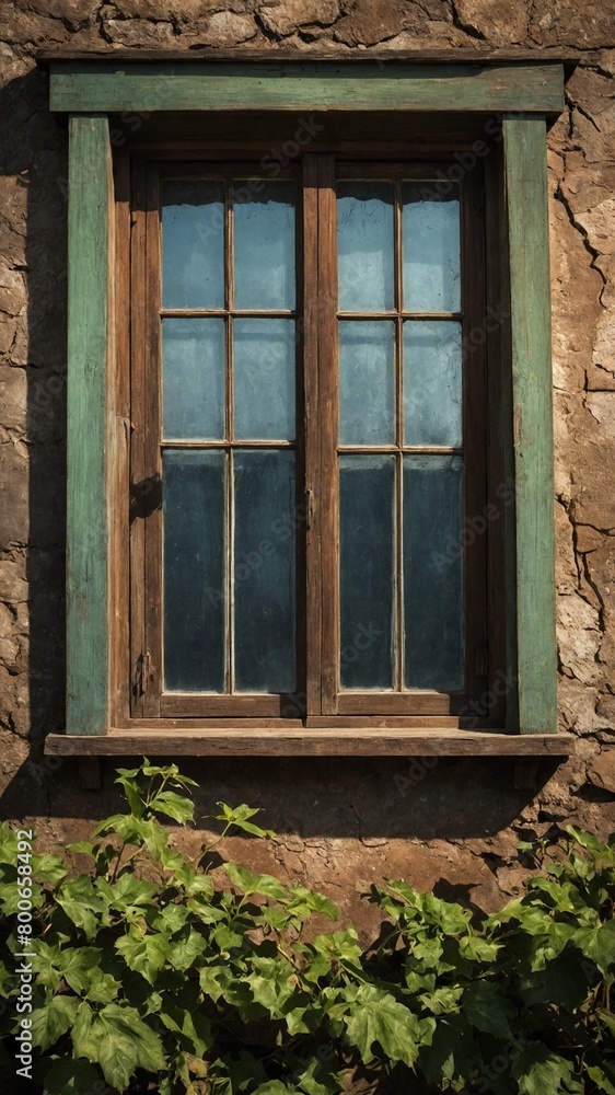 Closed, aged wooden window with six panes set into weathered adobe wall. Window frame painted faded green, vibrant green vine grows up wall below window. Closed, aged wooden window with six panes set into weathered adobe wall. Window frame painted faded green, vibrant green vine grows up wall below window.