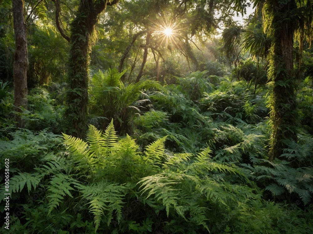 Obraz premium Sunlight streams through dense canopy of lush forest, illuminating vibrant undergrowth of ferns. Forest floor carpeted with thick layer of ferns, their delicate fronds unfurling towards light.
