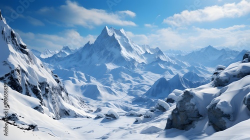 Panorama of snow-capped mountains and blue sky with clouds