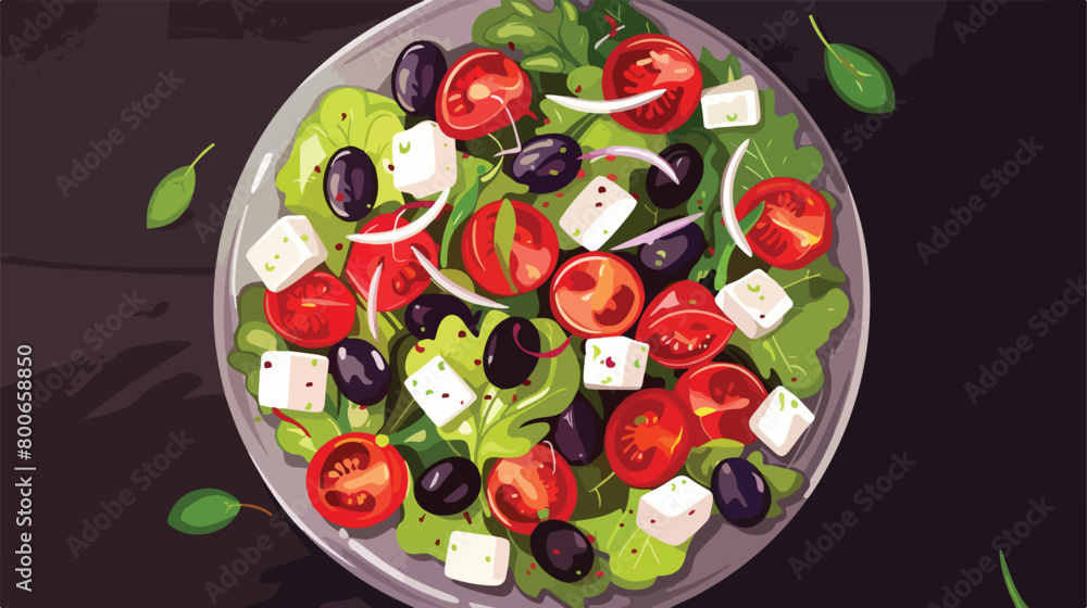 Plate with tasty Greek salad on dark background Vector