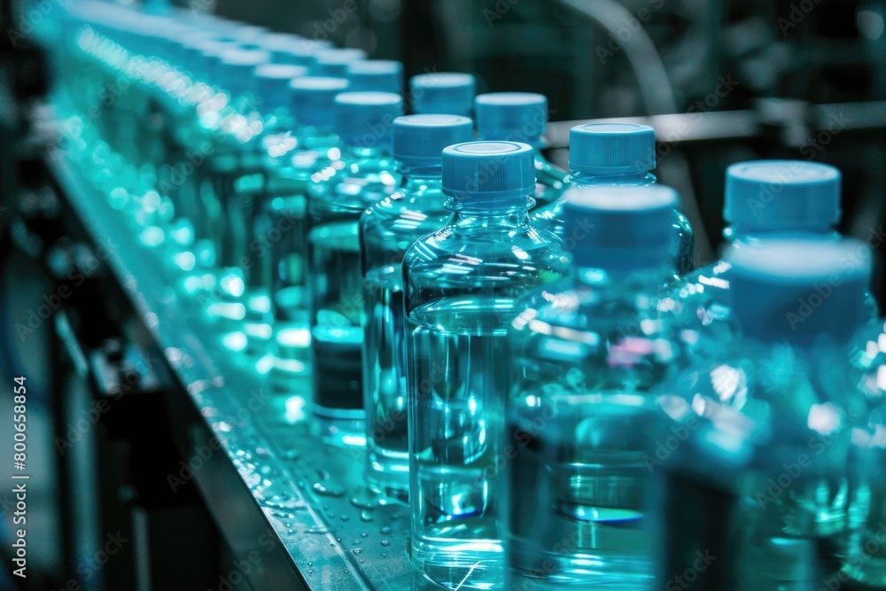 Bottles of water moving on a conveyor belt, suitable for industrial and manufacturing concepts Bottles of water moving on a conveyor belt, suitable for industrial and manufacturing concepts