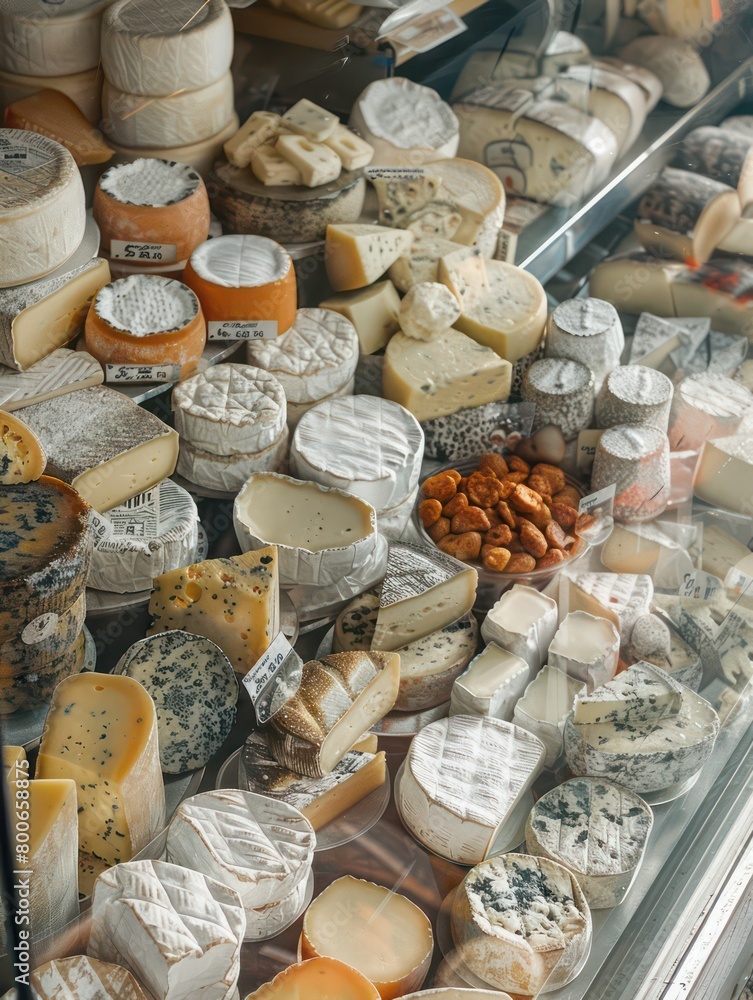 assortment of several cheeses display on a counter meticulously organized on a supermarket shelves