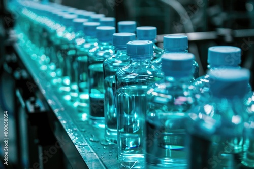 Bottles of water moving on a conveyor belt  suitable for industrial and manufacturing concepts