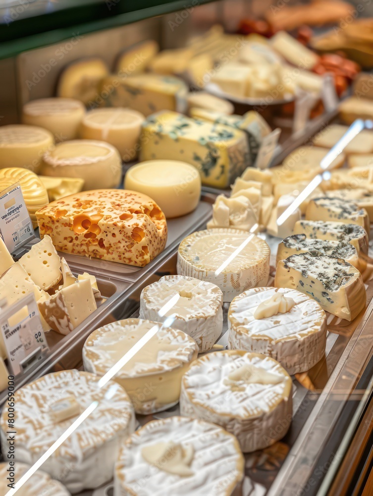 assortment of several cheeses display on a counter meticulously organized on a supermarket shelves assortment of several cheeses display on a counter meticulously organized on a supermarket shelves