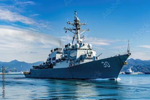 Navy ship sailing in water with mountain backdrop, suitable for travel brochures