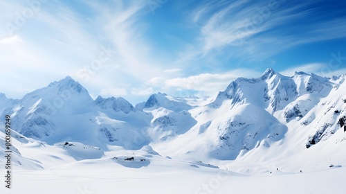 Panoramic view of the snowy mountains. Beautiful winter landscape. © I