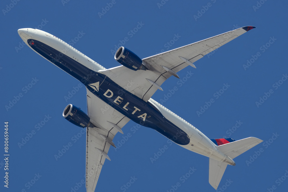 Delta Air Lines Airbus A350 aircraft shown flying over LAX, Los Angeles