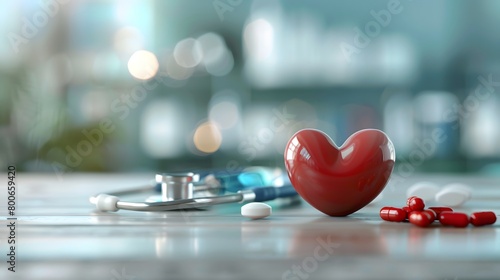 Representation of a health insurance. Decorated with health-related objects such as heart shaped, pills, stethoscope, and meds.