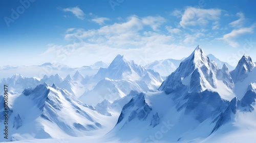 Snowy mountains panoramic view. Computer generated 3D illustration