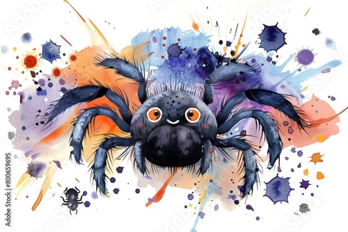 Detailed watercolor painting of a spider with striking orange eyes. Perfect for Halloween decorations photo