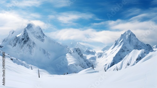 Winter mountains panorama with snow covered peaks and blue sky with clouds