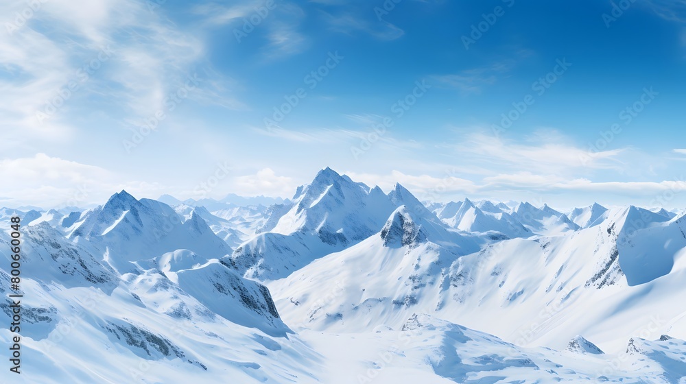 Panoramic aerial view of snowy mountains and blue sky with clouds