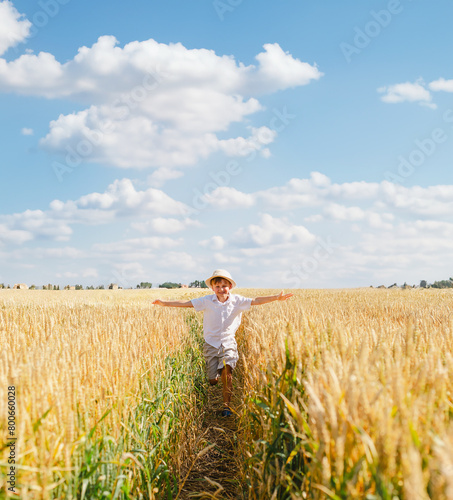 Boy in wheat field on sunny day, arms wide open above wheat field. Fresh air, concept of freedom