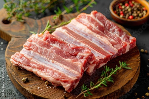 A few slices of raw pork belly, uncooked and ready for preparation, a versatile and delicious cut of meat