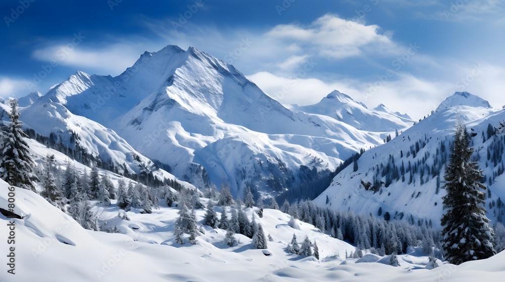 Panoramic view of the snowy mountains in the French Alps.
