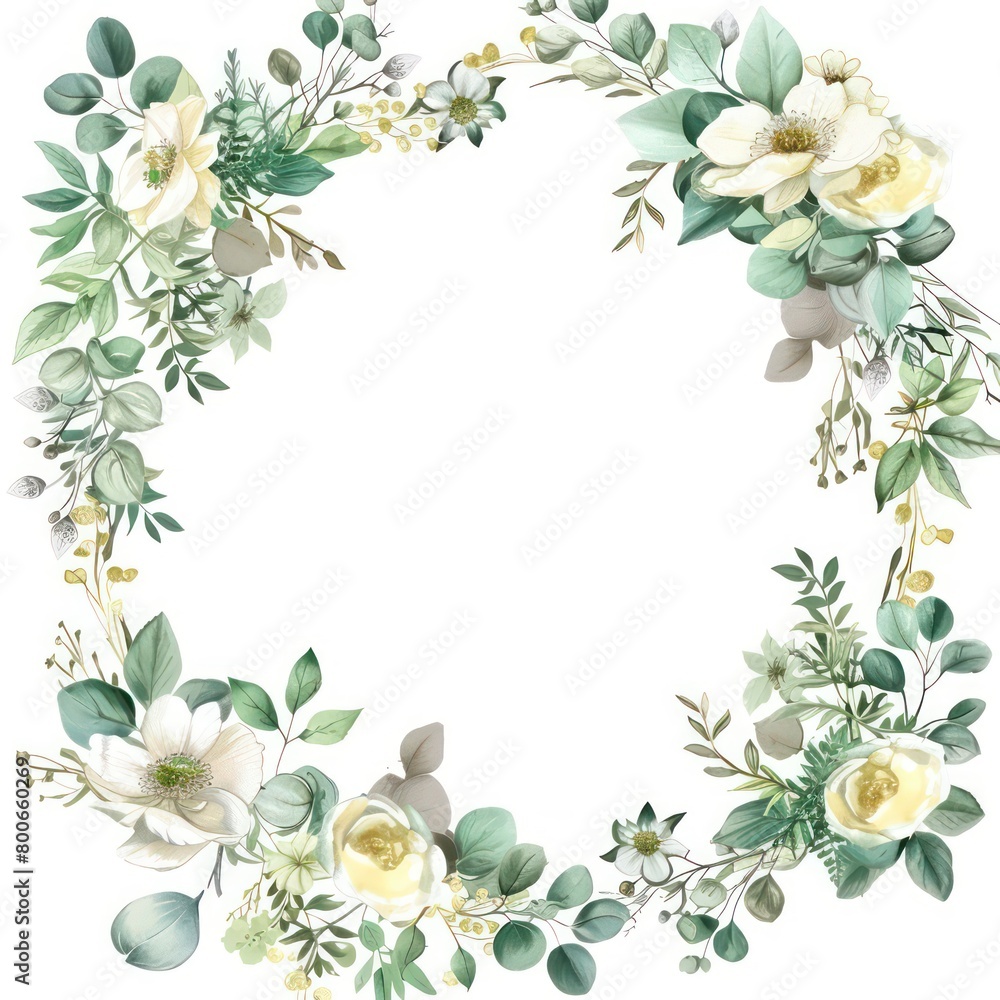 Naklejka premium round floral frame crown shaped in light watercolors isolated on a white background