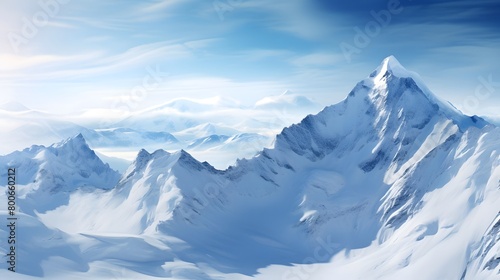 Mountain panorama with snow and clear blue sky. 3D illustration