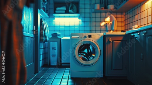 A washer sitting in a kitchen, suitable for household appliance concepts